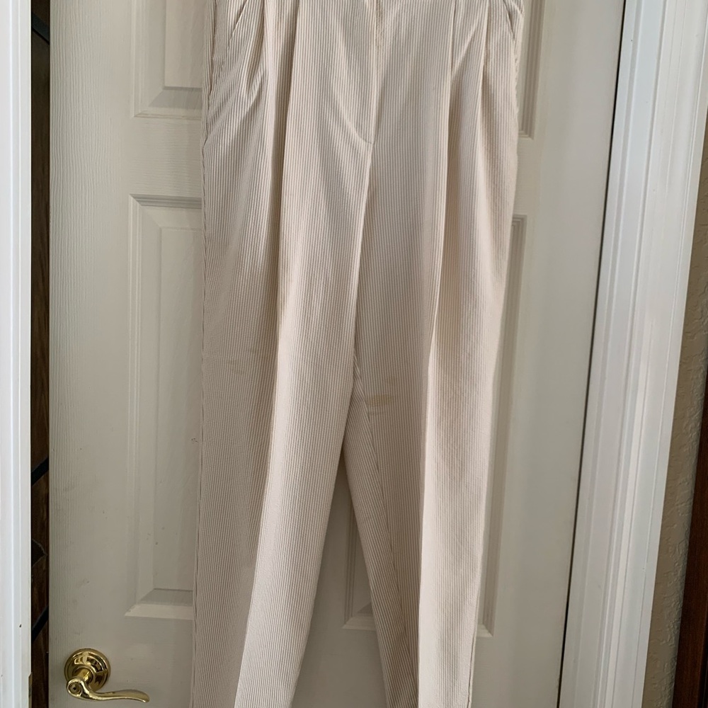 Tan and White Pinstriped High-Waist Pleated Trousers